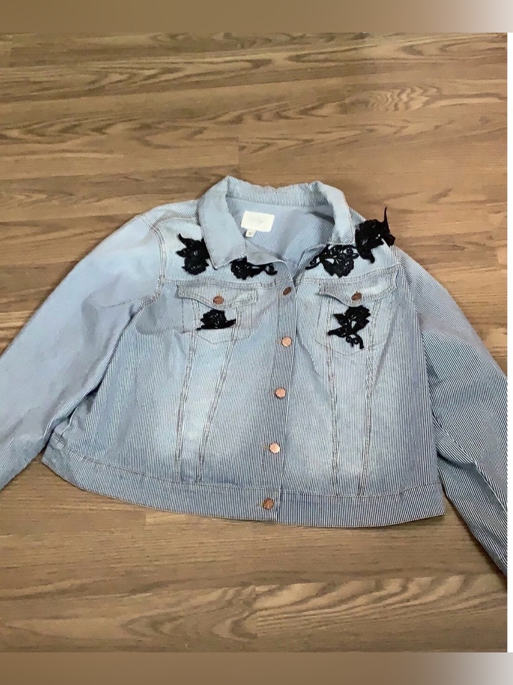 Jessica Simpson Pixie Denim Jacket 3X Plus Hickory Stripe Lace Applique Cropped
